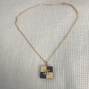 Two-Tone Square Pendant Necklace with Crystal Logo Accent - Gold and Black
